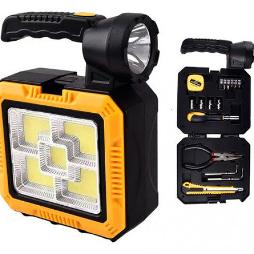 Linterna con panel solar y caja herramientas