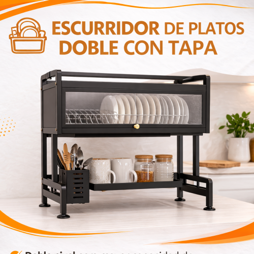 ESCURRIDOR DE PLATOS DOBLE CON TAPA (1 UND X CAJA)