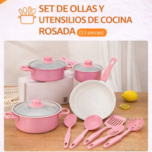 SET DE OLLAS Y JUEGO DE UTENCILIOS DE COCINA 13PZ ROSADA (12 UND X CAJA)