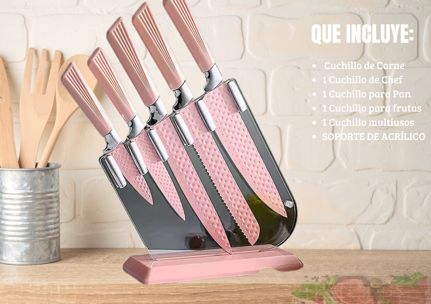 SET DE CUCHILLOS 5 PIEZAS CON BASE ACRILICA ROSADO