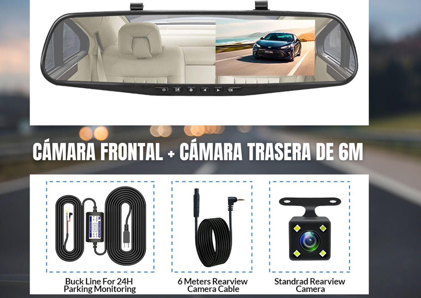 CÁMARA DE SEGURIDAD PARA CARROS| ESPEJO DIGITAL DVR CON PANTALLA IPS 4.3"