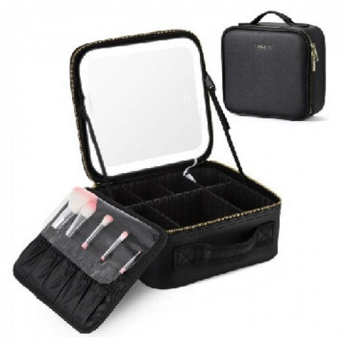 ESTUCHE DE COSMÉTICOS CON ESPEJO LED RECARGABLE NEGRO