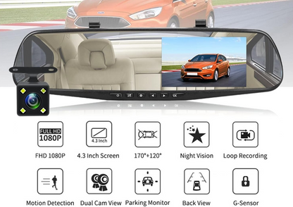 CÁMARA DE SEGURIDAD PARA CARROS| ESPEJO DIGITAL DVR CON PANTALLA IPS 4.3"